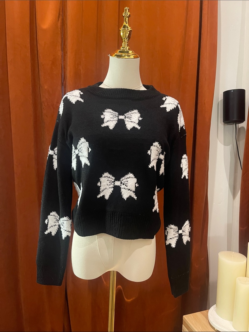 Black Bow-Print Crewneck Sweater